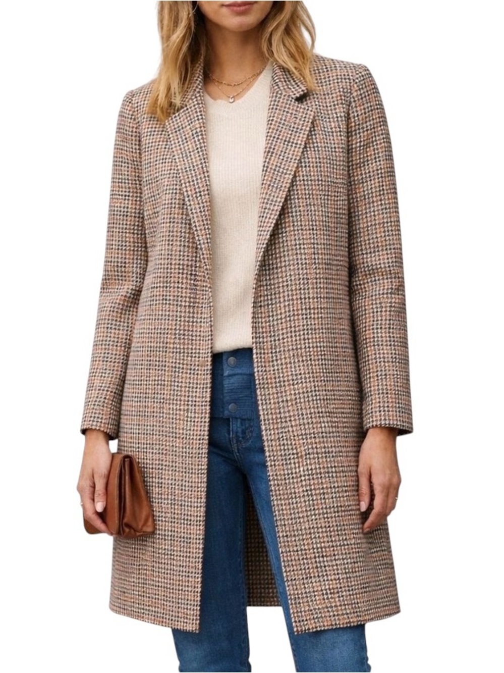 J Jill Houndstooth Open Front Long Coat in Brown and Orange